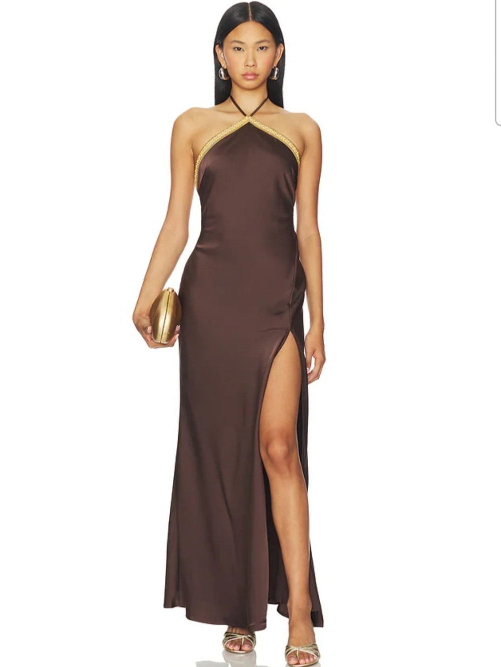 Brown Halter Maxi Dress with Gold Trim